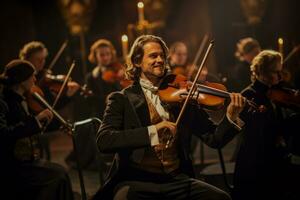 Musicians passionately playing their instruments in the theaters grand orchestra photo