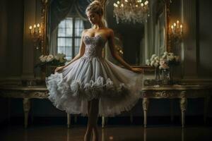 Ballerina in a tutu twirling gracefully in front of a full length mirror photo