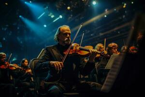 músicos apasionadamente jugando su instrumentos en el teatros grandioso orquesta foto