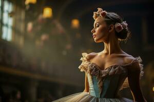 The ballerina prepares to take the stage with a graceful pirouette photo