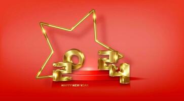 2024 dorado 3d números, contento nuevo año bandera con oro estrella marco en 3d plataforma estudio mostrar. Moda pedestal piso. lujo etapa escaparate Navidad tema podio, vector rojo antecedentes