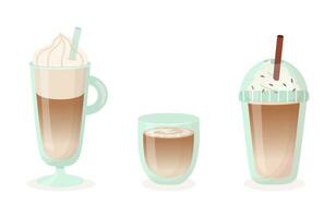 Set of coffee dessert drinks in flat style on isolated background. Latte, cappuccino, mocha, frappe. vector