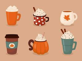 Set of coffee dessert drinks in mug, isolated in flat style. Pumpkin spice latte, tea, cappuccino with cream and zephyr. vector