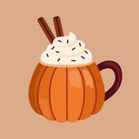 Pumpkin mug isolated in flat style. Pumpkin spice latte. Coffee hot drink. vector