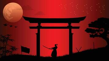 illustration vector graphic of Ninja, Assassin, Samurai training at night on a full moon. Perfect for wallpaper, poster, etc.