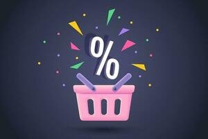 Vector pink shopping basket in realistic 3d style for sale. Vector illustration of pink shopping basket on dark background for black friday.