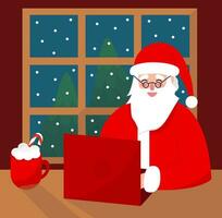 Santa Claus working on laptop at home vector flat style illustration. Santa Claus character at his office with laptop and cup of hot chocolate