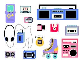 Classic 90s and 80s gadgets vector set. Flat style game console, audio cassette, recorder tape, floppy disk, vhs cassette, portable pet game and roller skate