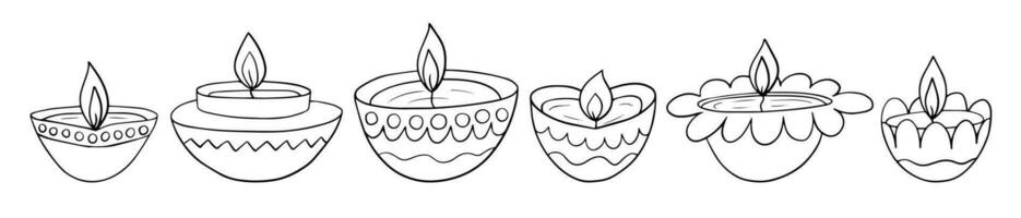 Cute Diwali lamps in flower shapes set. Hand drawn vector Diwali diya sketches set