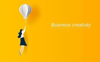 Business creativity vector concept idea with business woman flying with balloon. Symbol of innovation. Graphic design paper cut and art style for card, Poster.yellow. Vector illustration. EPS10