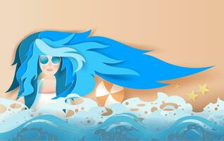 ilustración de hermosa niña con largo pelo con broncearse. joven mujer es relajante en playa. creativo diseño papel cortar y arte estilo. Hora de verano para mar ola. vector. eps10 vector