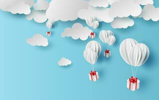 Paper cut and craft of Background with clouds on blue sky.Landscape for sunlight on cloudy.Summer season Hot concept.Summer time by white balloons giftbox floating.Paper art.vector.illustration.EPS10 vector