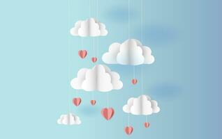 Paper cut and craft of Origami made mobile air balloon in a heart shape hang on blue sky.Valentine and summer season.Creative design holiday concept for graphic card and poster background.vector.EPS10 vector