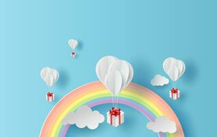 illustration summer season landscape with a rainbow on blue sky background. Balloons gift floating on air with paper art.Creative design Paper cut and craft style.pastel colorful tone simple.vector. vector