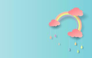 3D illustration of Rainbow in the rainy colorful season. Paper cut design for clouds and rainbow in rain time.Creative idea paper craft by pastel color minimal style on blue background. vector. EPS10. vector