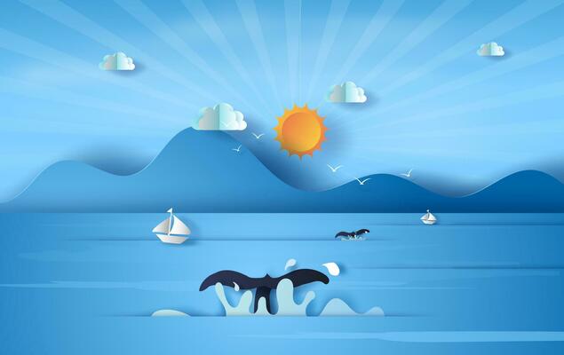 3D illustration of tail whale on sea view sunlight blue sky,Summer time season concept,Boat floating in the sea on blue sky.Graphic design Seaside landscape, Paper craft and cut idea,vector.EPS10
