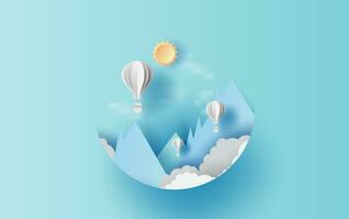 ilustración de Cloudscape montaña ver con caliente aire blanco globos flotador arriba en el azul cielo luz de sol .gráfico diseño papel cortar estilo.vacaciones Hora de verano idea pastel color antecedentes para tarjeta.vector vector