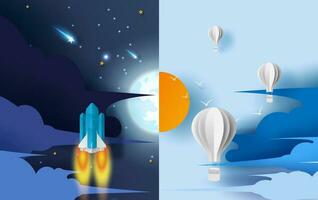 ilustración de medio día y noche, Dom y Luna con nubes.cohete comienzo arriba en noche Cloudscape y globos mosca en el aire en cielo, creativo diseño papel Arte y arte estilo antecedentes. vector