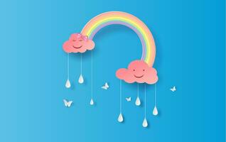 ilustración de personaje arco iris en el lluvioso estación. papel cortar diseño para nubes y arco iris en lluvia tiempo.creativo idea papel arte por pastel color mínimo estilo en azul antecedentes. vector. eps10. vector