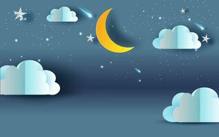 escena cielo fantasía.nube y disparo estrella en cielo noche dulce sueño tu texto espacio azul oscuro fondo.panorama Luna medio con medianoche. místico.creativo diseño papel corte, artesanía ilustración vectorial. vector