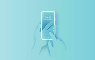 3D illustration of Hand holds smartphone with empty application. Compose dialogues simple.Text messaging frame idea concept.Creative design paper cut and craft on blue pastel background.Vector vector