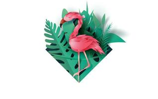 Sale Summer frame banner with pink color flamingo on tropical leaf exotic background,Minimal simple design for card.Creative design Paper cut and craft style,Green jungle vector illustration EPS10