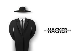 negro sombrero hackers espía agente, misterioso hombre en negro traje con el máscara en blanco fondo.hackeado utilizando el Internet, computadora servidor, base de datos, red,almacenamiento,encubierto.papel cortar y artesanía.vector. vector