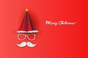 Merry Christmas and Happy New Year Typographic on red Background. Santa Claus hat hipster beard and glasses with card.Vintage calligraphic minimal poster design for xmas.paper art and craft.vector. vector