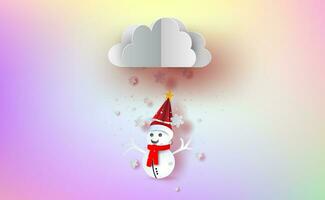 Merry Christmas and Happy new year in holiday.Graphic paper art and craft style. Snowman cute with Cloud in snowfall on Sweet pastel colors mesh gradient background.Winter season vector.illustration. vector