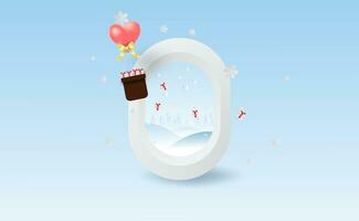 Scenery Merry Christmas and New Year on holidays background with winter snowflakes season.Creative paper cut and craft of balloon heart gift box fly on Airplane window view concept idea.vector EPS10 vector