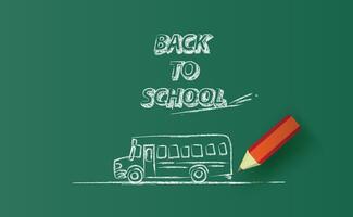 Back to school BUS Horizontal banner drawing on chalkboard.Creative  learning pencil design paper cut and craft for School concept ideas.Sketch on the blackboard. Vector minimal green background.EPS10