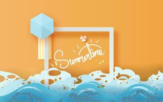 illustration of top view  travel summer season on the beach.Frame Calligraphy text Decoration swimming equipment. Seaside with landscape pastel color tone background,Paper cut and craft style vector. vector