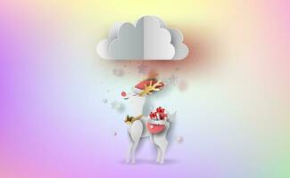 Merry Christmas and Happy new year in holiday.Graphic paper art and craft style.Reindeer cute with Cloud in snowfall on Sweet pastel colorful gradient background.Winter season vector.illustration. vector