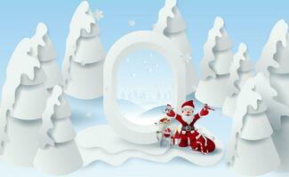 Scenery Merry Christmas and New Year on holidays background with forest winter snowflakes season.Creative snowman Santa Claus of gift box,bird and rat paper cut and craft for window airplane concept. vector
