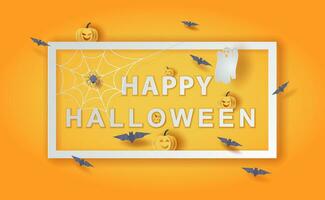 Happy Halloween background.Holiday enjoy funny horror party template.Creative minimal paper cut and craft style scene place of your text.Festival sale with bat and pumpkin frame concept.vector EPS10 vector