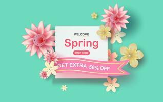 Paper cut and craft of Floral rectangle frame with place for text. Spring season concept with flowers blossom of pastel sweet tone color.Lovely flowers with colorful frame.vector illustration EPS10 vector