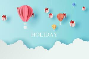 Landscape of balloons colorful fly and Mobile hanging gift box with Cloud on blue sky.Holiday and festival season concept.Creative paper cut and craft style scene for your text.vector illustration. vector