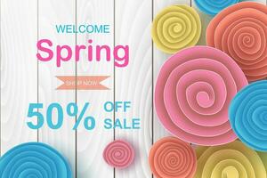 Horizontal spring sale banner design.Creative design Origami paper cut and craft style with flowers roll circle for online shopping,Frame for advertising magazines and websites.Vector illustration. vector