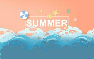 illustration of Beautiful summer beach poster background. Creative design paper cut and craft style. Summertime sea wave for card and banner.minimal pastel color.Holiday space your text.vector. EPS10 vector