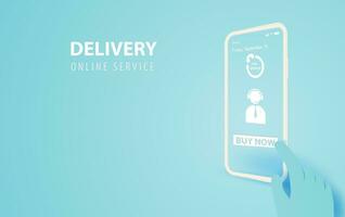 Hand holds smartphone with buy now application.Delivery service concept.Creative paper cut and craft.App screen online transport Text frame idea background.Mobile ship network Vector illustration.