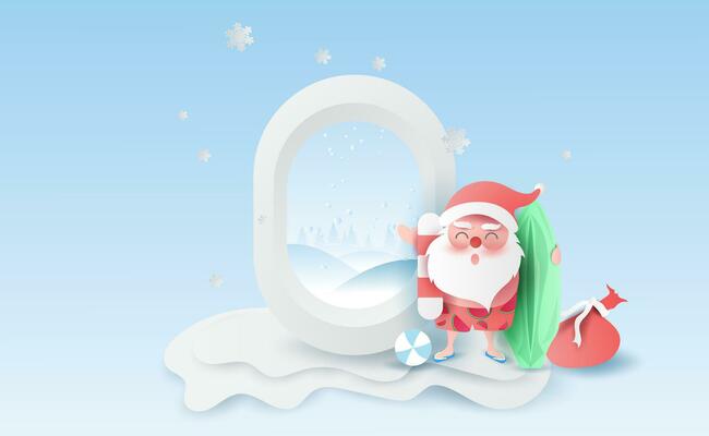 Santa Claus wearing beach suit of Surf Boards,swim ring and ball in air view window plane.Forest on sky. Merry Christmas and Happy New Year background.snow concept with paper cut and craft.vector