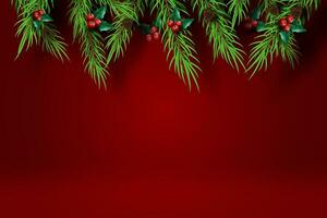 papel Arte de alegre Navidad y contento nuevo año con rojo tono fondo.creativo mínimo pino árbol y acebo árbol para saludo tarjeta.vacaciones festival fiesta decoración elemento gráfico poster.vector vector