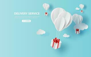 Balloon white floating on sky.Delivery service with Gift Box on air blue background.happy new years and merry Christmas.Festival transportation concept.Creative paper cut and craft style vector EPS10