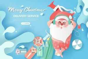 verano Papa Noel claus Navidad día julio concepto.entrega Servicio linda dibujos animados personaje para Navidad diseño en chapoteo agua fondo.creativo papel cortar y arte estilo.web mínimo vector ilustración