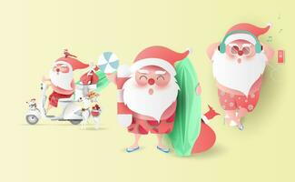 Summer Santa Claus Christmas day July in shorts smile on beach.Delivery service cute cartoon character for Xmas design isolated on background.Creative paper cut and craft style.Set vector illustration