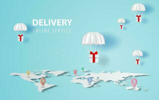 Parachute gift box floating on map location network.Delivery service web page design.Merry Christmas banner.Graphic Transportation holiday concept.paper cut and craft style.vector illustration EPS10 vector