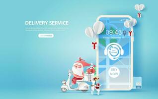 illustration of smartphone with Online delivery service application Merry Christmas and balloon gift box concept.Paper cut and craft style.Graphic map location order transport.Mobile device Vector