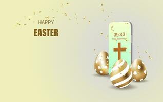 Happy Easter lettering background.Eggs and gift realistic golden shine decorated sale banner,Creative graphic.Vector illustration.Promotion for poster.Decorative smartphone shopping online concept vector