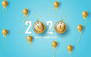 illustration of 2020 happy new year label design.Holiday on pastel symbol with golden.Merry Christmas old vintage clock gold and golden confetti on blue background.Paper cut and craft style.vector vector