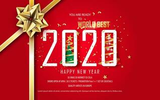 Merry Christmas and New Year horizontal banner.Red tone background with ribbon Glitter realistic gold.Paper cut and craft style.Graphic frame space.Holiday Happy new year card Vector illustration